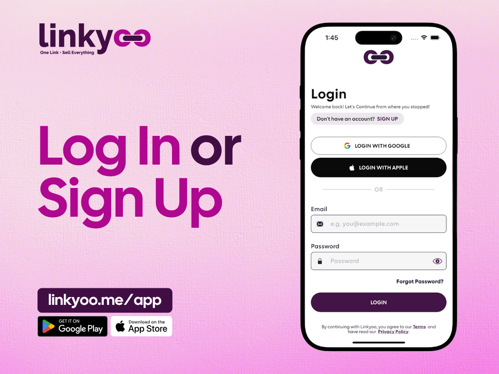 The Linkyoo sign-up screen showing Email, Google, and Apple options